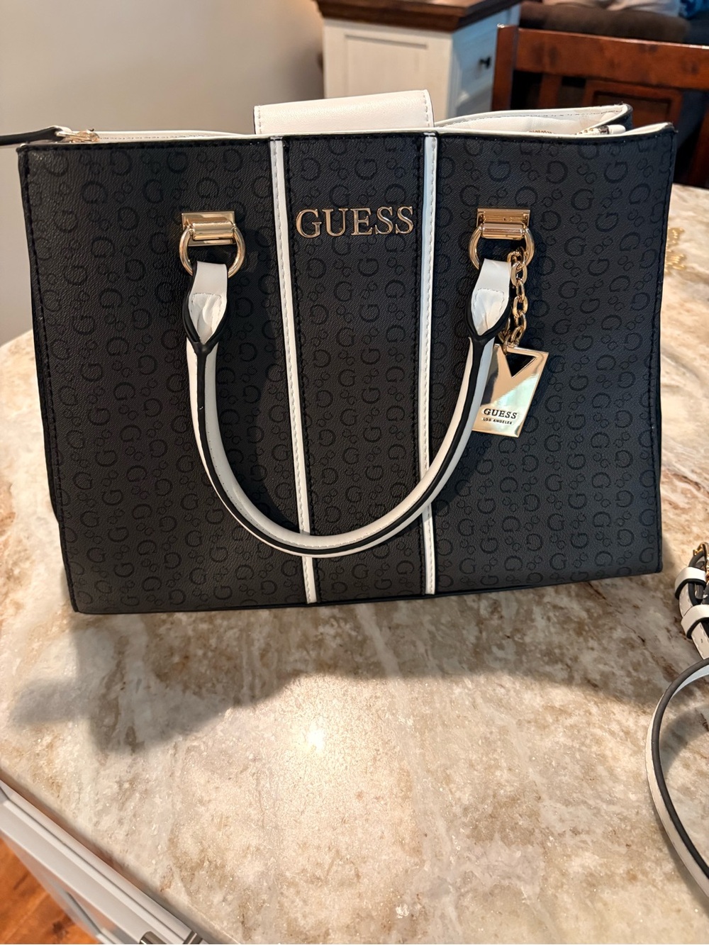 GUESS Black Tote with White Trim and Gold Logo Charm
